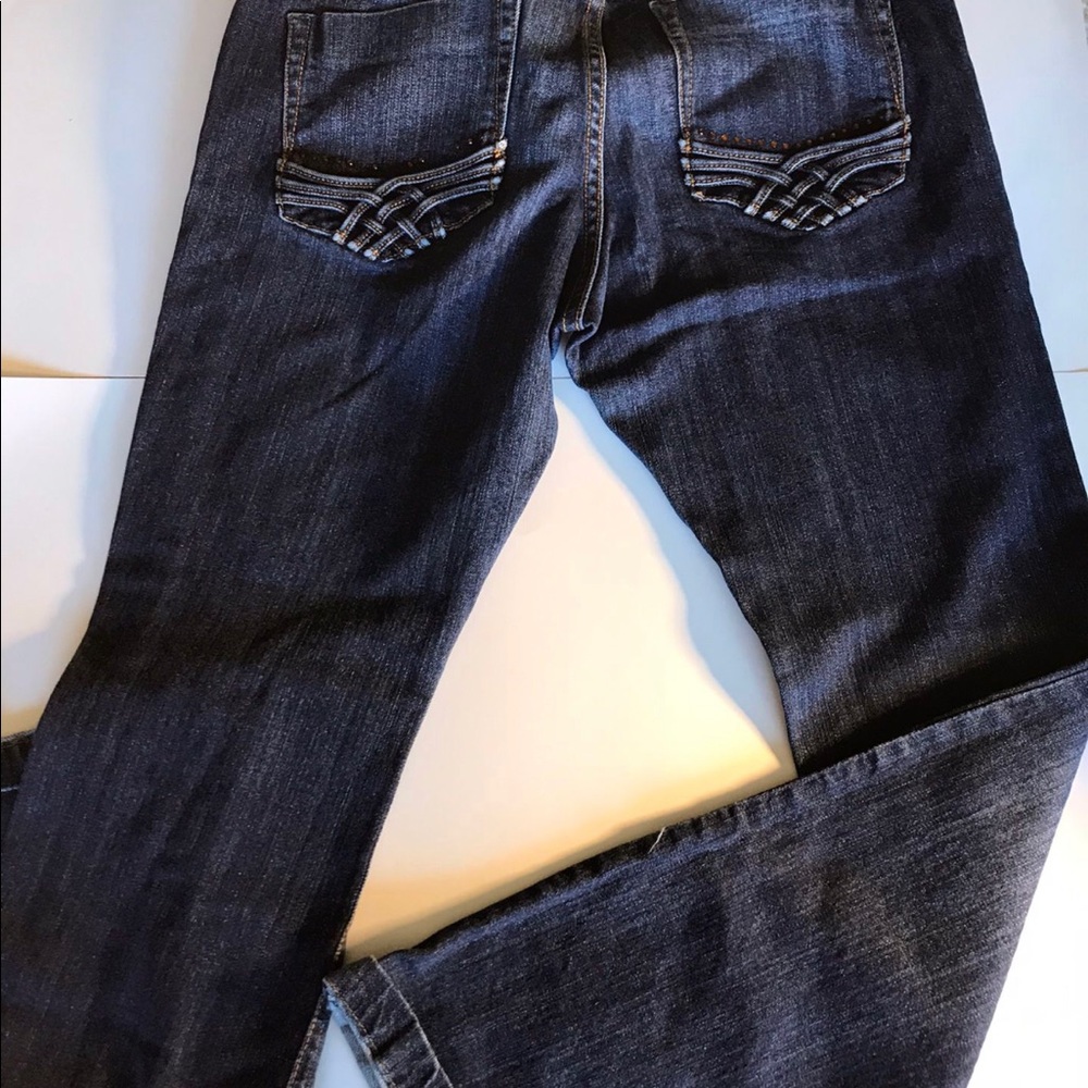 Women's distressed boot jean braided jewel pocket embellishment semi flare sz 10